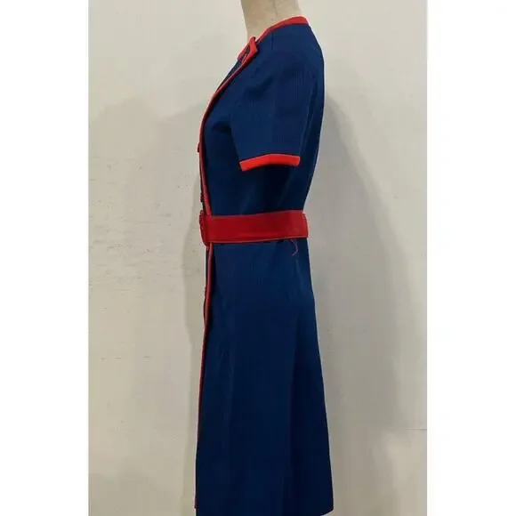 Vintage Retro Handmade 50s Cotton Navy Blue & Red One Piece Dress Size Small - Picture 2 of 8
